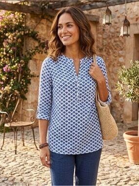 Madison Mathews Diane Shirt in Blue White India Block Print Sz XS